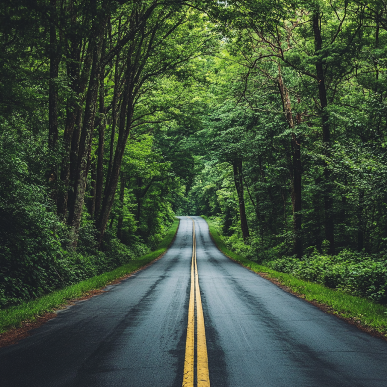 Rural American road with hidden stops featuring cozy cafes and scenic rest areas in a pristine natural setting.