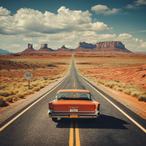 Scenic American road trip view with a vintage car on a winding highway through iconic landscapes.