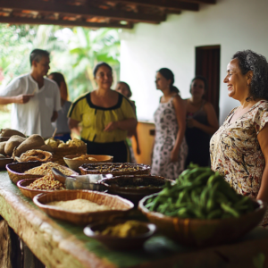 Group of travelers engaging in cultural activities such as craft workshops and traditional dance classes.