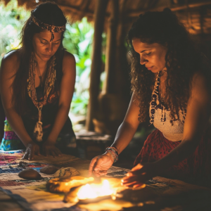 Traveler and local sharing a meaningful cultural moment in a historic setting at sunset.