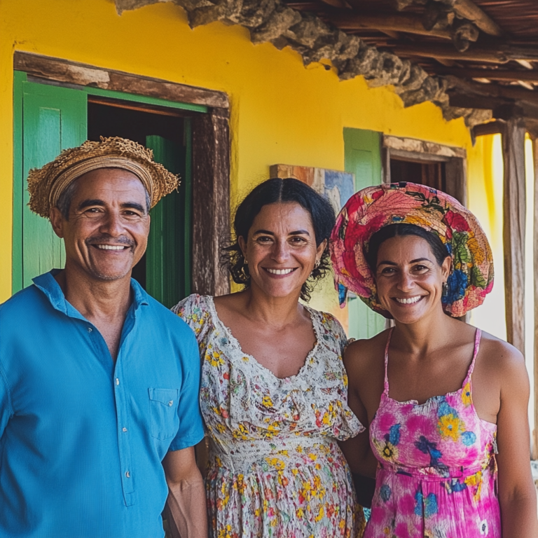 Local community engaging in everyday cultural activities in a picturesque setting with traditional architecture.