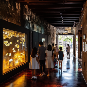Vibrant scene showcasing cultural immersion with locals, traditional architecture, and authentic artifacts.