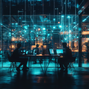 Digital nomads socializing in a modern coworking space with social media icons and urban backdrop.