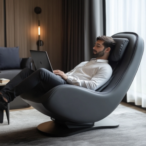 Ergonomic digital nomad gear featuring a portable chair, adjustable laptop stand, and travel comfort accessories on a soothing background.