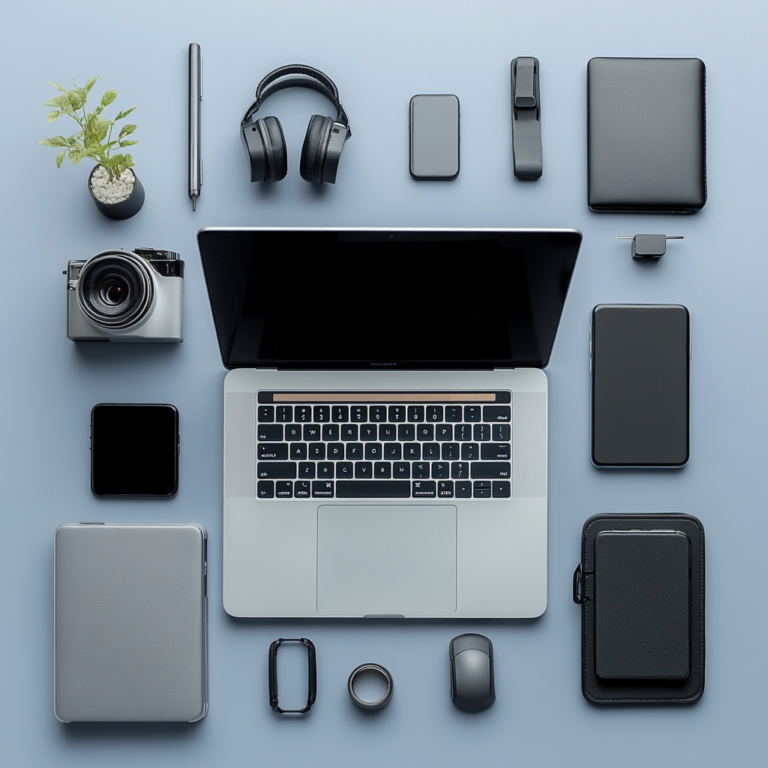 Flat lay of essential digital nomad gear featuring a laptop, smartphone, power bank, and headphones on a clean background.