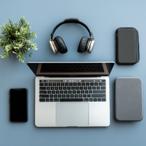 Featured digital nomad gear including a sleek laptop, modern smartphone, wireless headphones, and power bank on a minimalist desk.