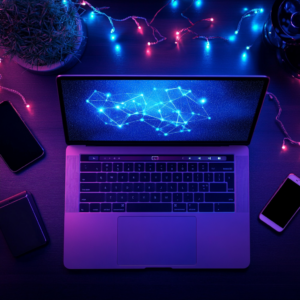 Advanced digital nomad tech gear featuring a modern laptop, smartphone, and smart accessories in a clean digital setup.