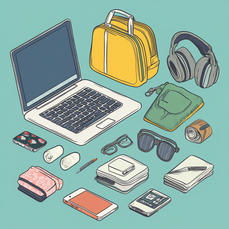 Detailed infographic of essential items for digital nomads including a laptop, smartphone, and travel accessories on a minimalistic background.