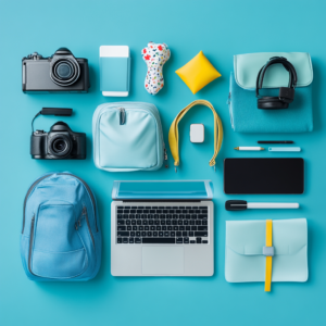 Infographic showing a digital nomad packing list with essential items and practical tips.