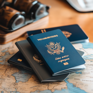 Graphic displaying various digital nomad visa options with country flags and comparison icons.