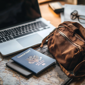 Digital nomad visa guide featuring a passport, stamps, and laptop on a modern minimalist background.