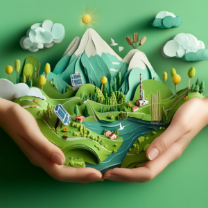 Infographic summarizing eco-friendly travel with natural landscapes and clean energy icons.