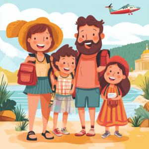 Happy family concluding a successful travel journey with scenic destination background and travel planning details.