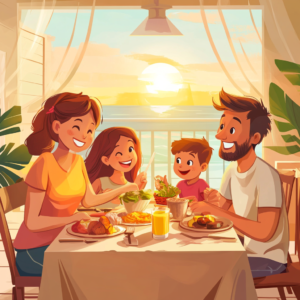 Happy family enjoying an easy and fun travel experience outdoors with luggage and scenic background.