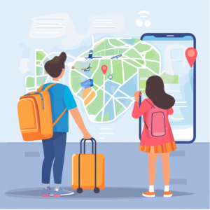 Collection of essential safety tools for family travel, including smartphones, first aid kits, and security locks.