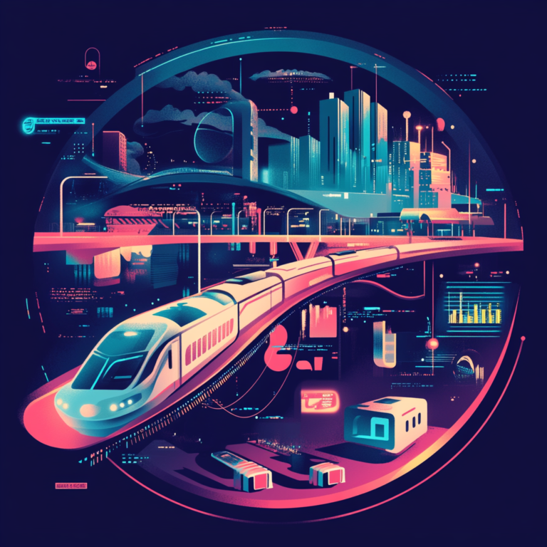 Dynamic circular layout showcasing future travel trends with smart devices, AR, and innovative transport icons.