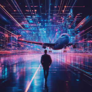 Futuristic graphic showcasing emerging travel trends with digital charts, holograms, and innovative travel icons.