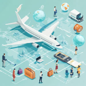 Infographic displaying emerging travel trends with graphs, digital luggage, and global connectivity icons.