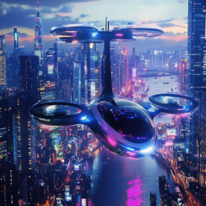 Futuristic travel scene with neon-lit cityscapes, drones, and digital holograms.