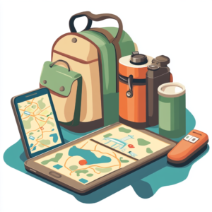 Digital devices showcasing group travel planning tools with interactive maps and communication icons.