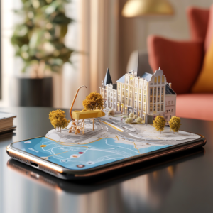 Digital interface showcasing travel accommodation selection tools with filters, ratings, and property images.