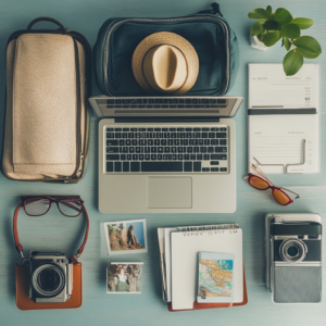 Individual organizing a suitcase with essential travel items and checklist icons in a minimalist setting.