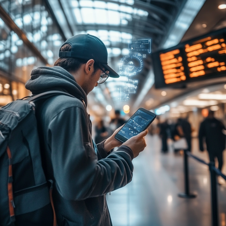 Traveler using digital safety tools with protection icons in a modern urban travel setting.
