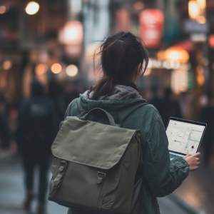 Traveler confidently navigating modern urban settings with digital connectivity icons, ready for challenging travel times.