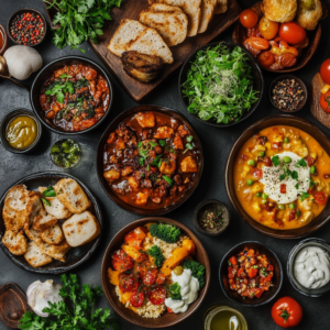 Infographic guide displaying various local cuisine options with icons and informative text.