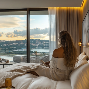 Sophisticated traveler enjoying a luxurious suite with budget-friendly travel tips subtly displayed.