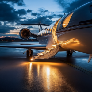 Luxurious travel transport, featuring a high-end limousine or private jet with elegant design details.