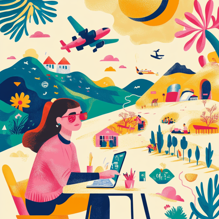Collage showcasing the digital nomad lifestyle with workspaces, travel scenes, and global connectivity icons.