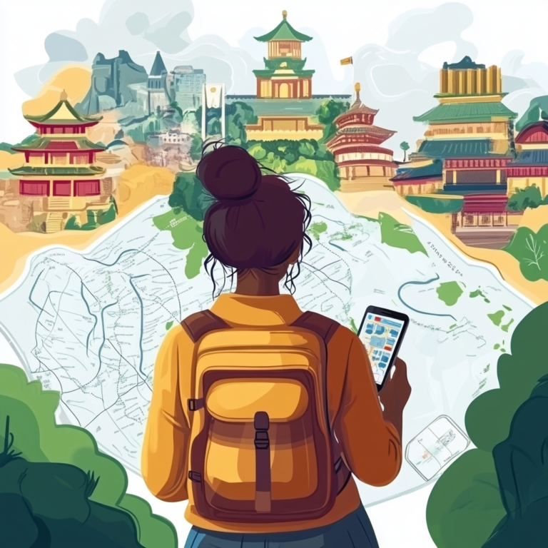 Solo traveler using digital safety tips while exploring international destinations with global icons.
