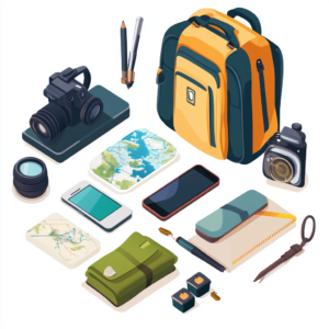 Display of essential digital safety tools for solo travel including smartphones, GPS trackers, and security apps.