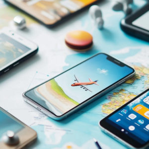 Modern digital interface showcasing top travel apps for digital nomads on smartphones and tablets.