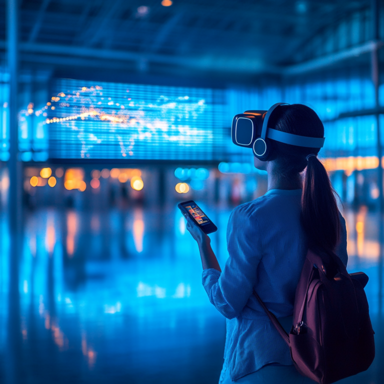 Futuristic digital interface showcasing top travel apps for digital nomads in 2025 with advanced features.