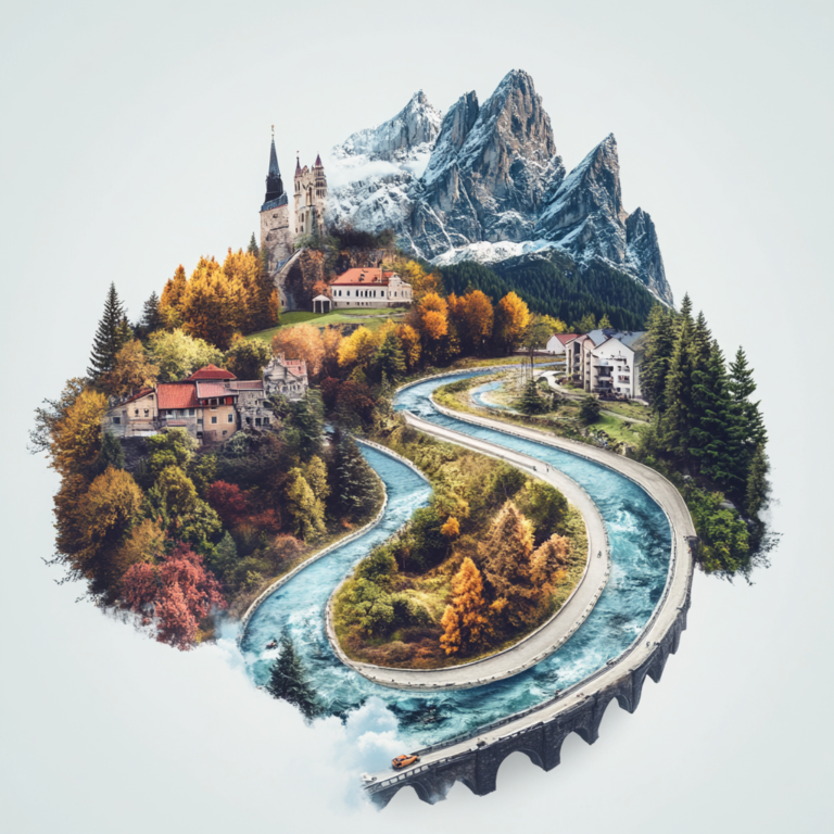 Collage of unique travel destinations representing different seasons, featuring beaches, forests, snowy villages, and floral fields.