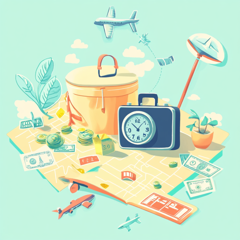Guide image featuring icons and tips on how to save money while traveling with dynamic design elements.