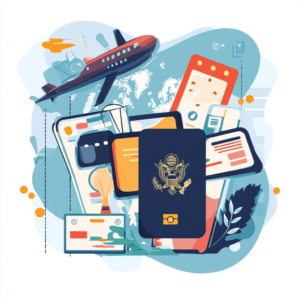 Modern graphic featuring a passport, travel tickets, and a shield, symbolizing reliable travel insurance.