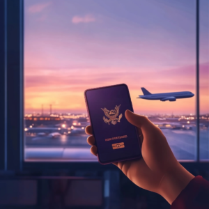 Traveler holding a passport and smartphone displaying travel insurance details in an urban travel setting.