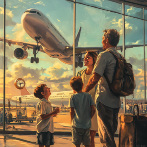 Group of travelers at an airport showing reassurance and safety, highlighting the benefits of travel insurance.