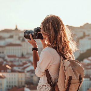 Clean infographic summarizing essential travel photography tips with camera icons and directional arrows.
