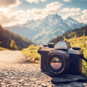 Digital camera on a scenic background with photography tips icons and text overlays.