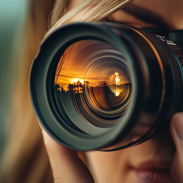 Close-up of a camera lens with overlaid text highlighting key travel photography tips in a creative digital design.