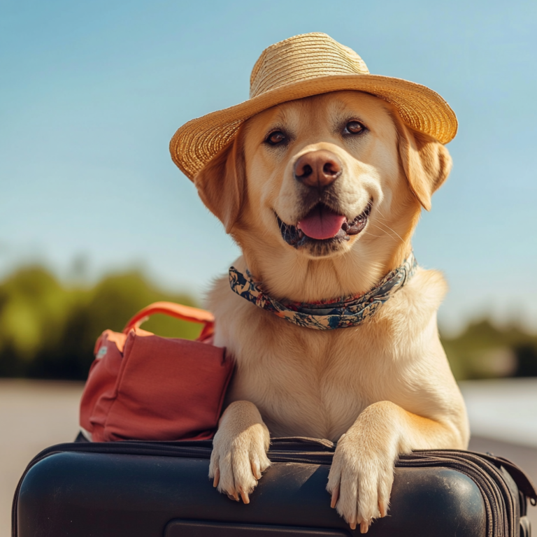 Featured guide image on stress-free pet travel with practical tips, icons, and pet safety accessories.