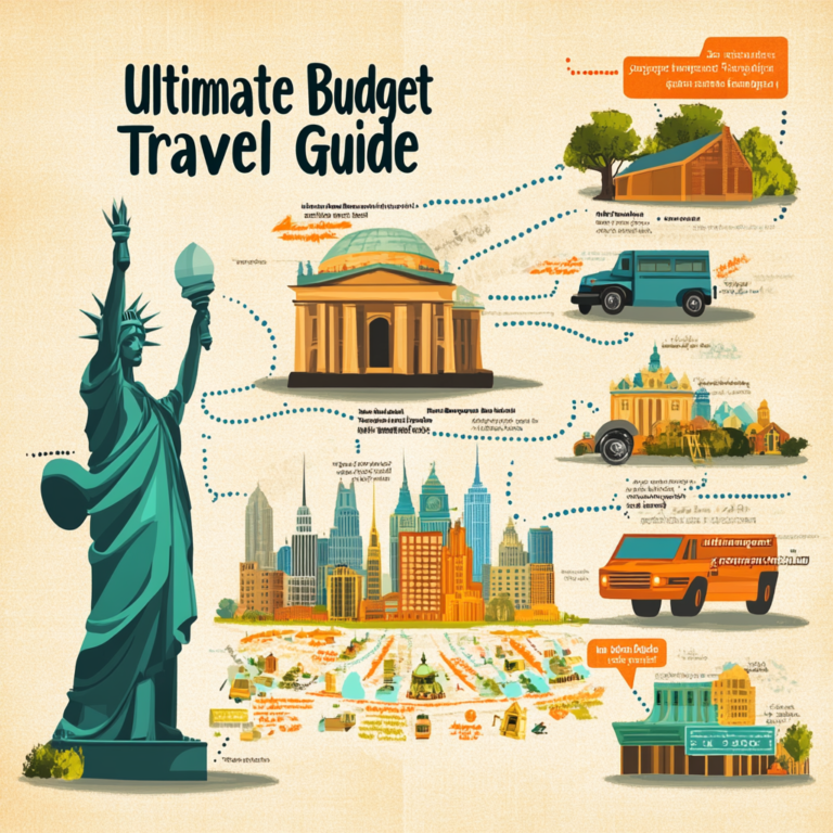 Infographic roadmap for budget travel featuring destination icons, budget tips, and travel strategy elements.