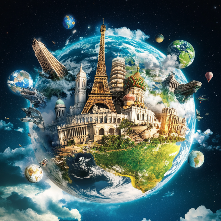 Collage of iconic global destinations and interactive map elements illustrating a world tour for long-term travel.