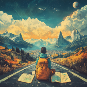 Traveler on a long-term journey with iconic landscapes, maps, and travel diary elements.