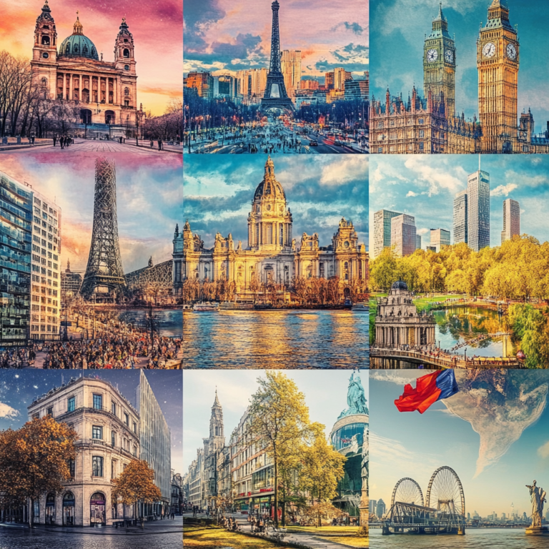 Collage of top countries for weekend getaways featuring flags, iconic landmarks, and scenic travel destinations.