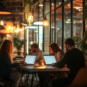 Group of remote workers collaborating in a modern coworking space with social media and networking elements.